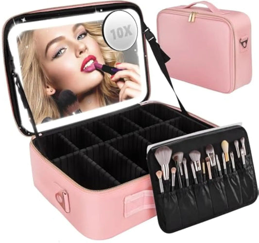 Travel Makeup Bag With LED Mirror and Adjustable Dividers